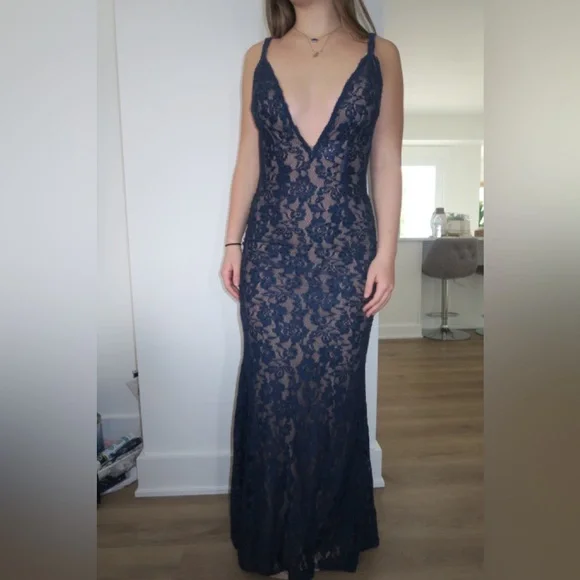 Jovani | Dresses | Navy Blue Lace With Beige Undertone Prom Dress | Poshmark